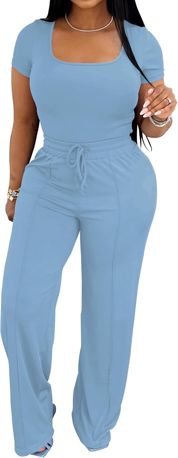 PINSV Women’s 2 Piece Outfits Lounge Short Sleeve Tops High Waisted Wide Leg Pants Tracksuit Sets