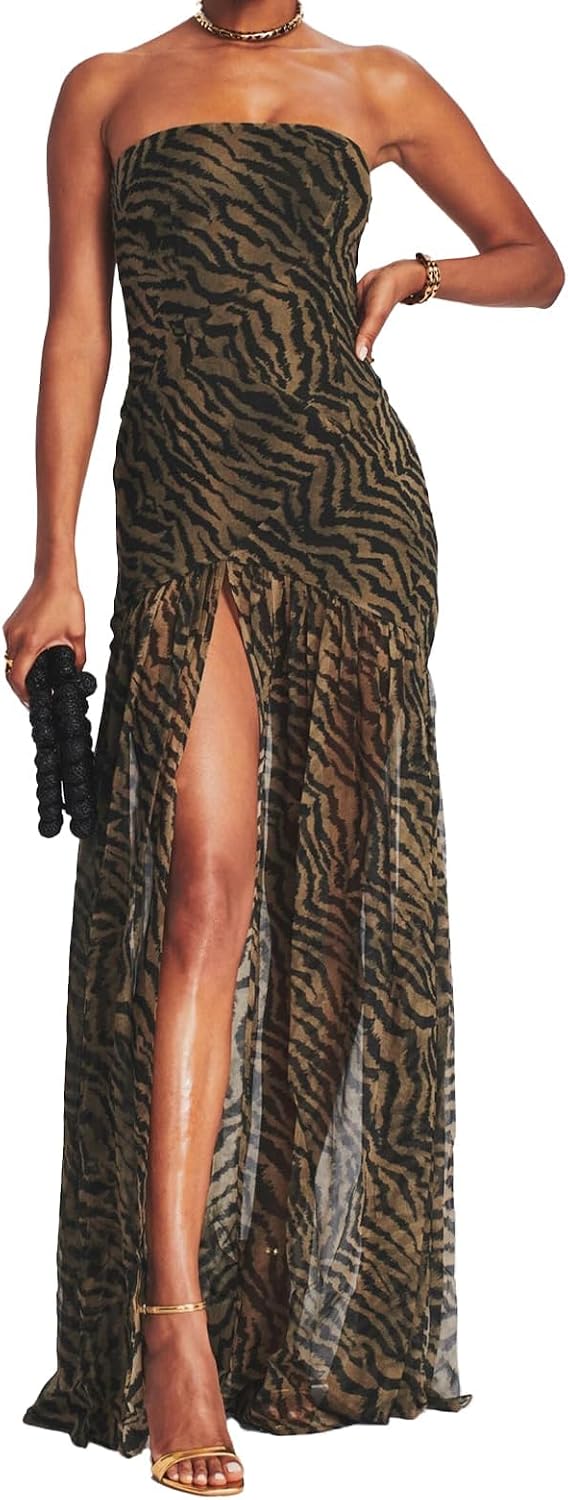 Women Tube Top Dress Tiger Stripe Mesh Patchwork Maxi Dress Strapless Sexy High Slit Long Dresses Beach Vacation
