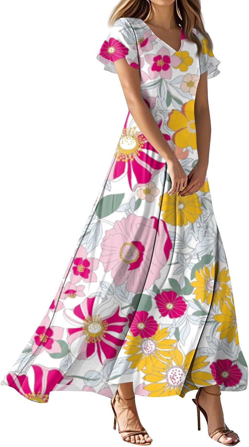 Womens Summer Dresses 2025 Trendy V Neck Short Sleeve Prtin Floral Maxi Dress Casual Beach Vacation Clothes