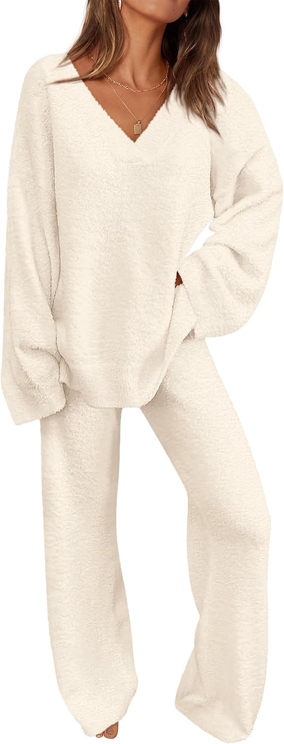 PRETTYGARDEN Lounge Sets for Women 2 Piece Pajama Set | Fuzzy Chunky Knit Sweater Outfits, Fall Winter Cozy Matching PJs, Long Sleeve V Neck Pullover & Wide Leg Pants, Comfy Clothes