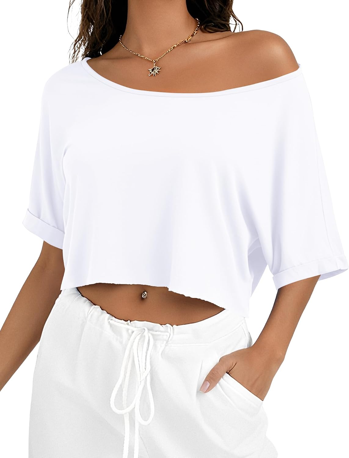 Kistore Off Shoulder Tops for Women Going Out Short Sleeve Cropped T Shirts | Summer Trendy Tops, Crop Top For Women, Boat Neck Loose T Shirt, Asymmetrical Tops, Roll Sleeve, Loose Fit, Raw-Edge Hem
