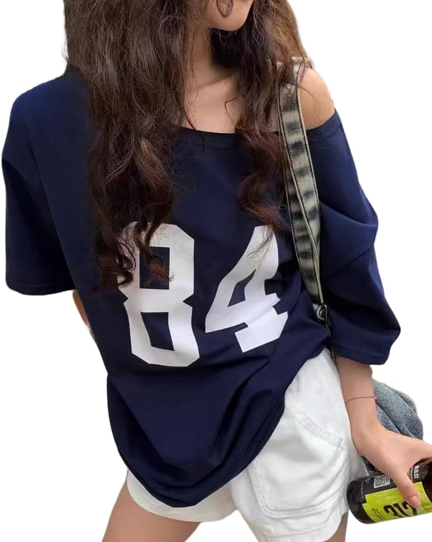 Pinclodly Off The Shoulder Tops for Women Short Sleeve Y2K Jersey Number Graphic Oversized Tshirts E-Girl Tees