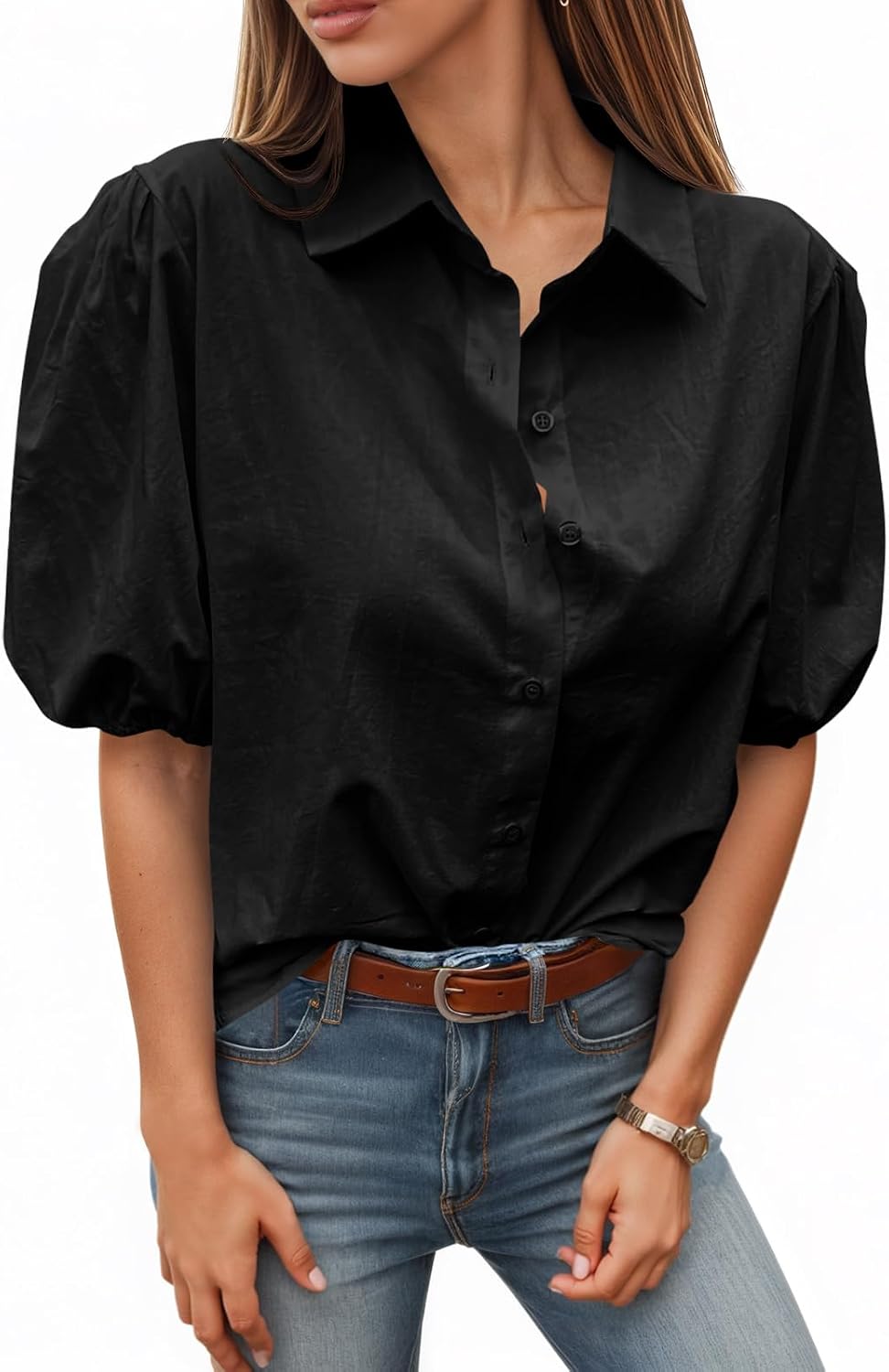 Tankaneo Women’s Button Down Shirts Short Puff Sleeve Collared Dressy Casual Blouse Tops