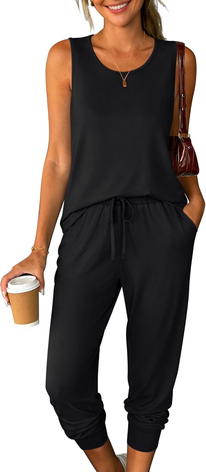 Womens Two Piece Lounge Sets 2026 Summer Sleeveless Outfits Crewneck Tank Tops Joggers Pants Travel Loungewear