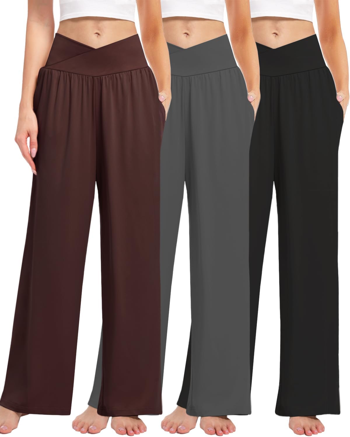 Kivdol 3 Pack Women’s Wide Leg Pants Crossover with Pockets High Waist Loose Sweatpants Casual Lounge Yoga Workout Palazzo
