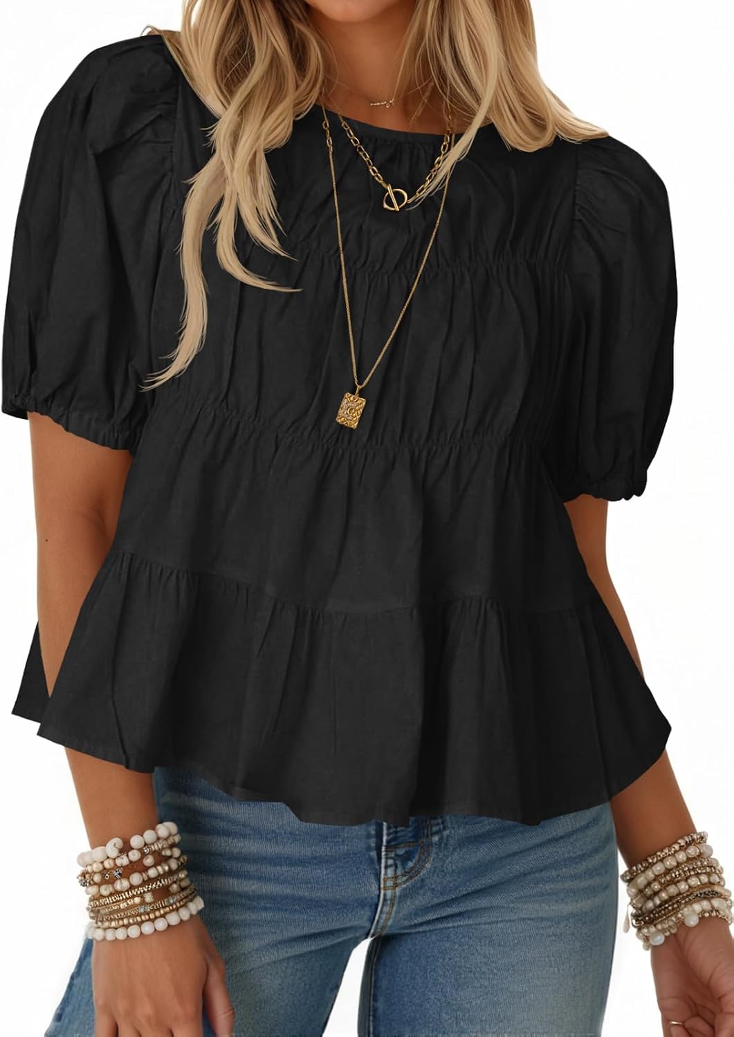 Tankaneo Womens Puff Sleeve Peplum Babydoll Tops Summer Flowy Pleated Cotton T-Shirts Casual Loose Fit Cute Blouse