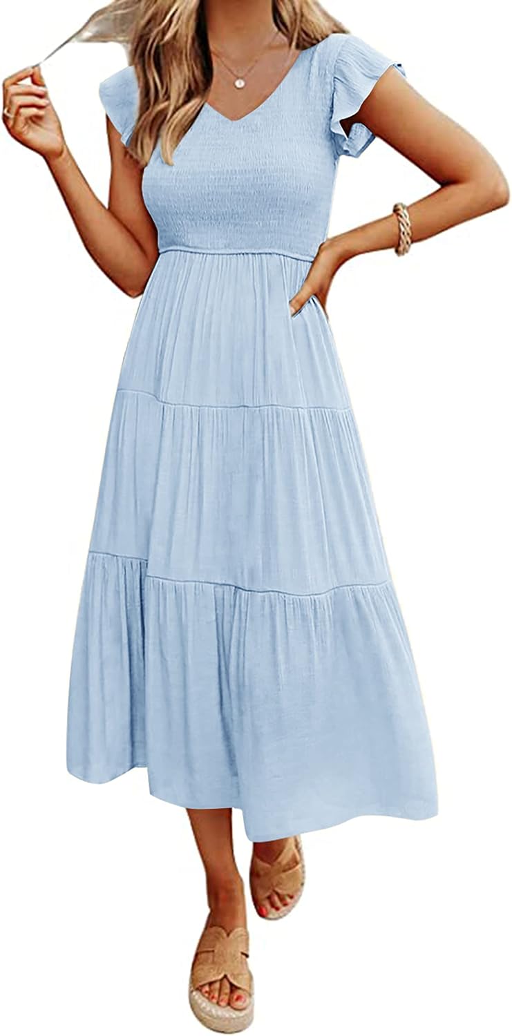 MEROKEETY Women’s Summer 2026 Casual Midi Dress Flutter Sleeve V Neck Smocked Tiered Beach Vacation Dresses