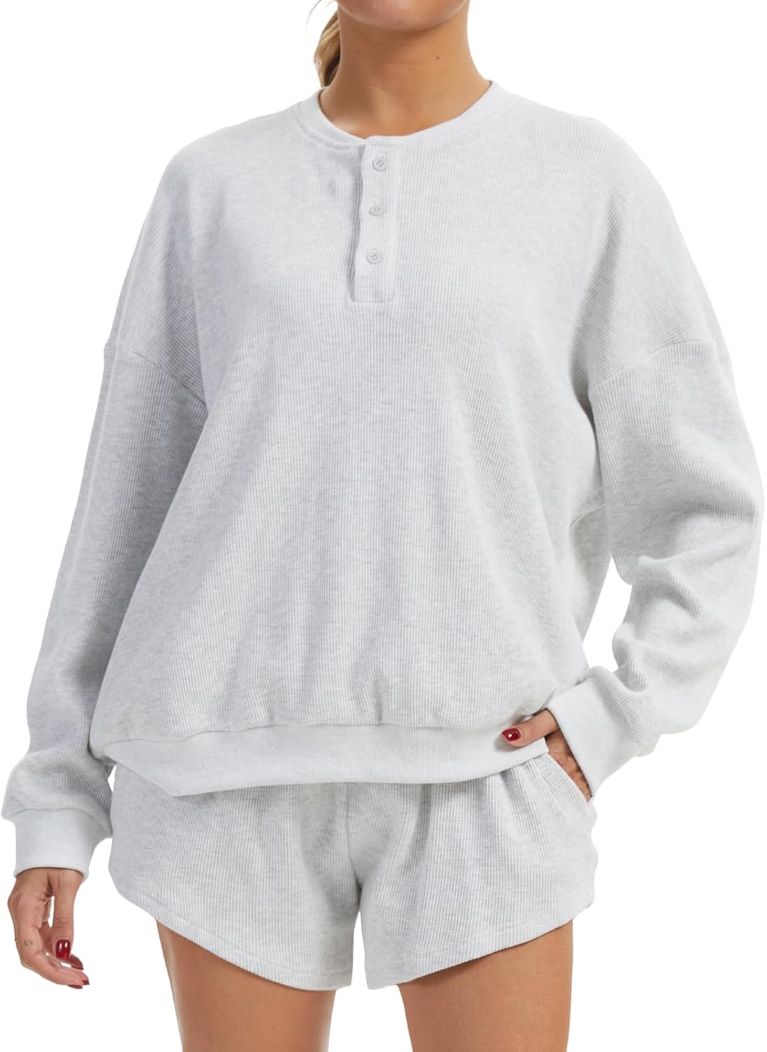 AnotherChill Women’s Oversized Waffle Knit Lounge Set Long Sleeve Sweatshirt and High Waisted Shorts 2 Piece Casual Outfit