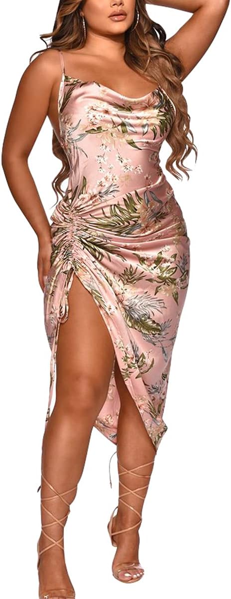 Women’s Spaghetti Strap Satin Dress Sexy Backless Drawstring Ruched Split Hem Cocktail Evening Party