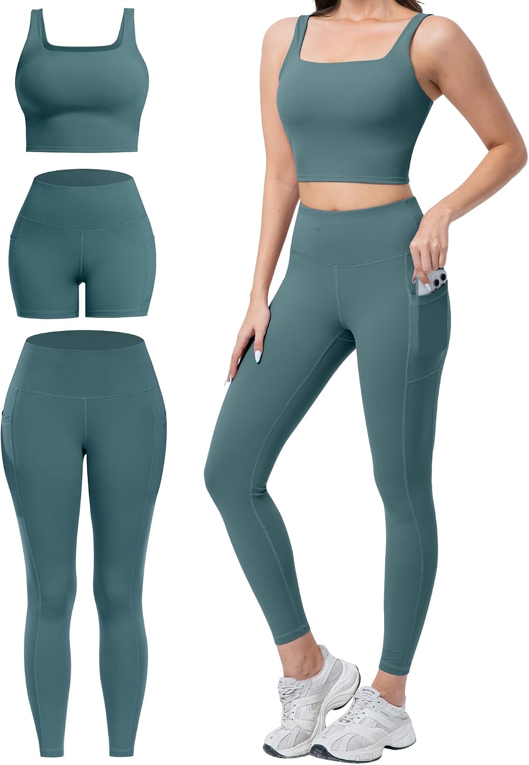 3 Piece Workout Sets for Women High Waisted Leggings with Pockets Tummy Control Biker Shorts Yoga Sports Bra