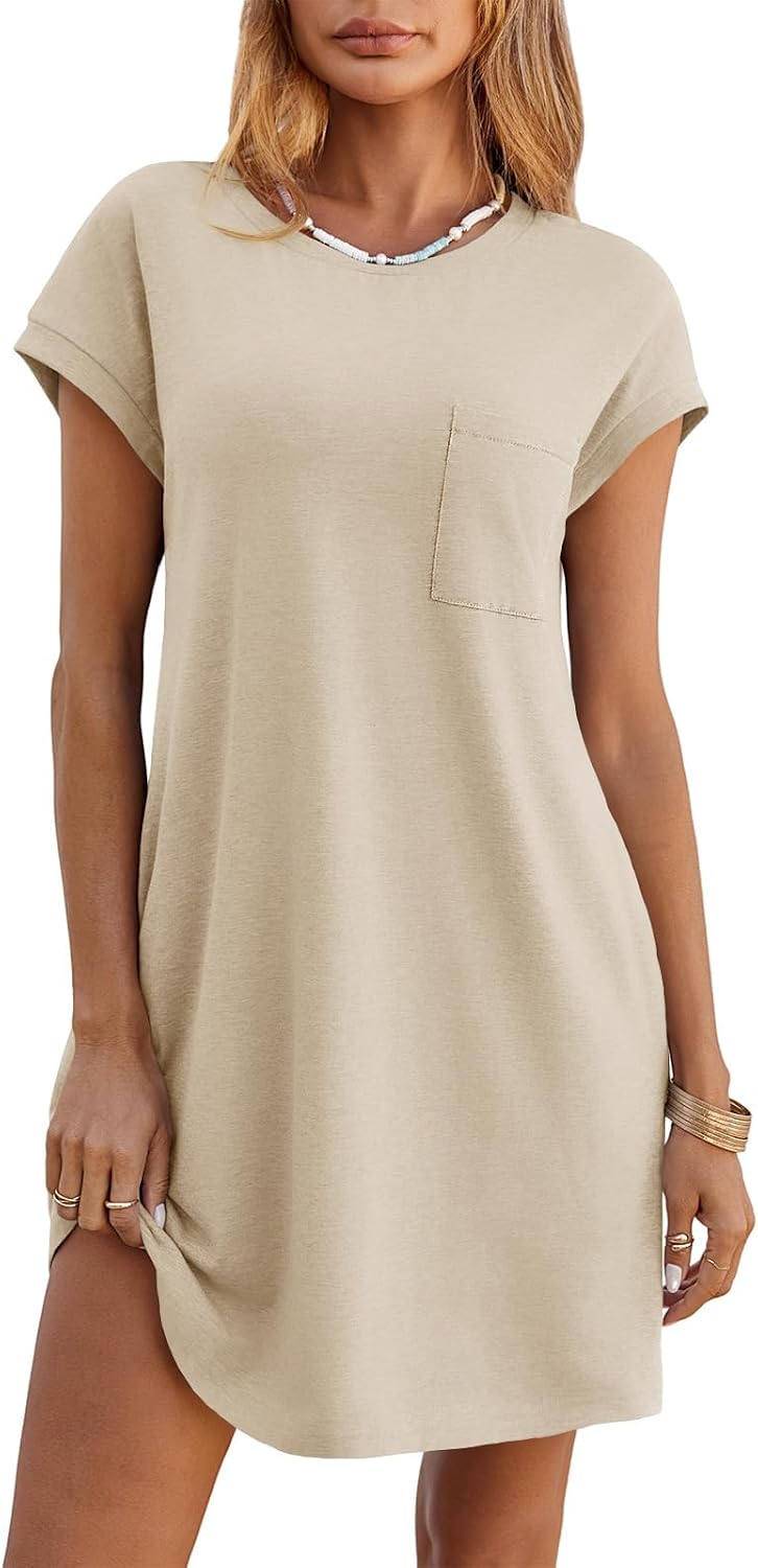 Wenrine Womens Summer T Shirt Dress Casual Short Sleeve Crewneck Loose Flowy Mini Dresses with Pockets