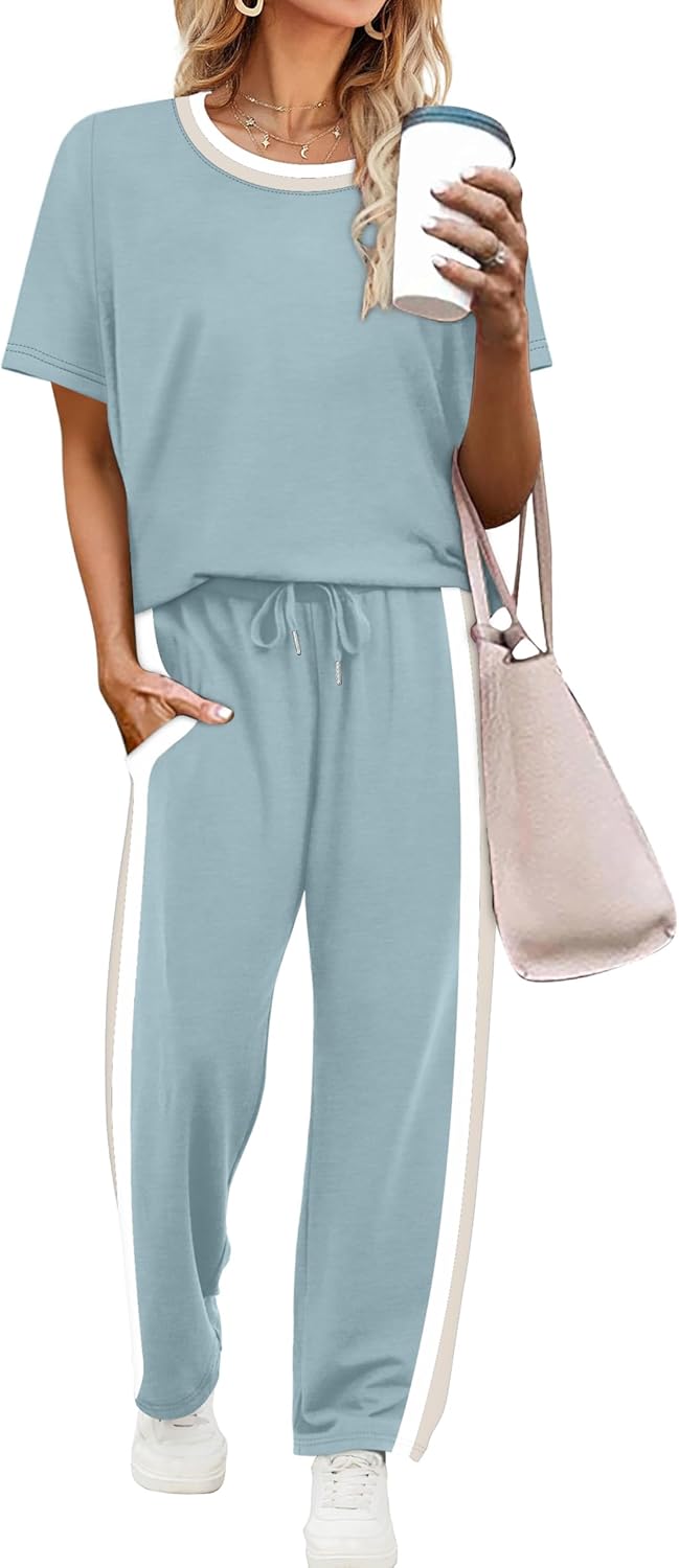 WIHOLL 2 Piece Lounge Sets for Women Matching Set Summer Outfits Short Sleeve Tops Wide Leg Pants with Pockets