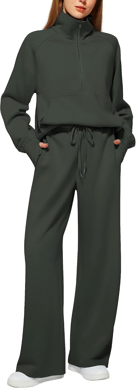 Casly Lamiit Women’s 2 Piece Outfits Lounge Set 2025 Oversized Half Zip Sweatshirt Wide Leg Sweatpant Set Sweatsuit Tracksuit