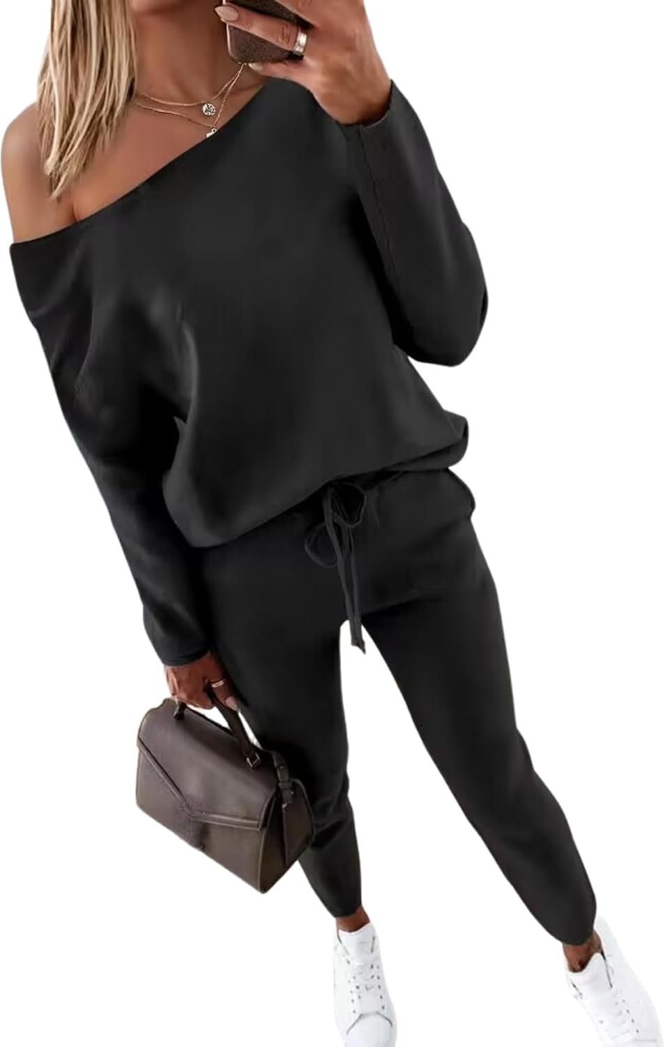 CHICME Women Tracksuit Fall 2 piece Outfits Off The Shoulder Long Sleeve Tops and Pants Set Travel Outfits