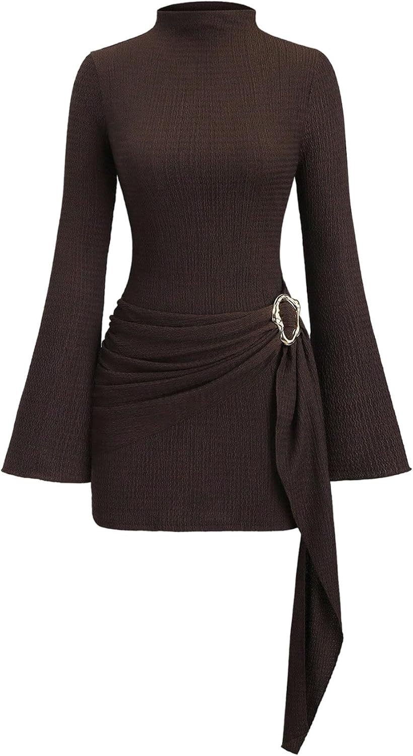 Milumia Women’s Textured Mock Neck Metal Cinched Waist Long Bell Sleeve Dress Ruched Bodycon Party Club Mini Dress