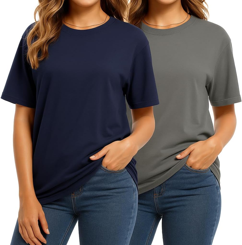 Non-Transparent Premium Combed Cotton T-Shirts for Women, 2-Pack High-Density Compact-Spun Knit Crewneck Loose Fit Tops