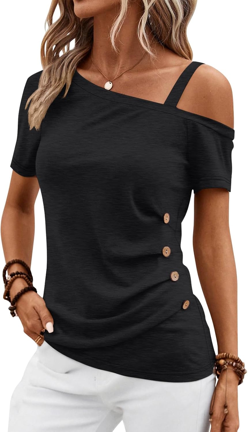 EasyGala Womens Off Shoulder Tops Summer Asymmetrical Shirts Short Sleeve Button Ruched Blouses 2025