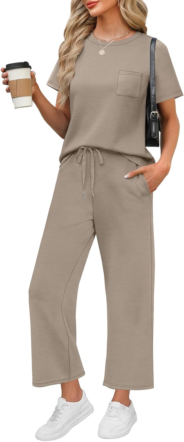 WIHOLL 2 Piece Sets for Women Casual Summer Travel Vacation Outfits Short Sleeve Wide Leg Crop Pants Lounge Sets