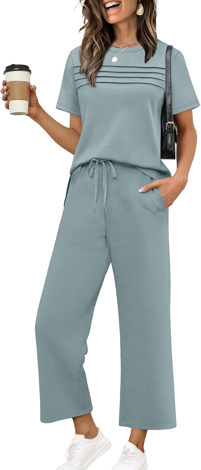 WIHOLL Two Piece Sets for Women Summer Spring Travel Vacation Outfits Short Sleeve Lounge Sets Side Slit Wide Leg Pants S-3XL