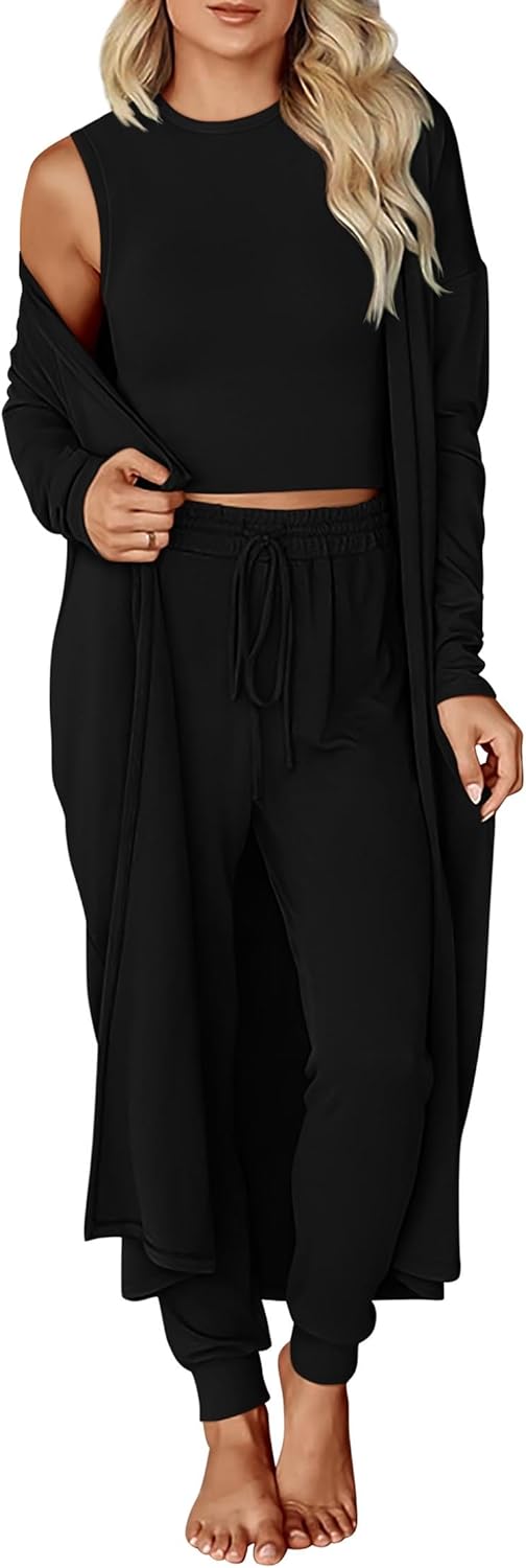 KIRUNDO 3 Piece Lounge Sets for Women Airport Travel Vacation Outfits 2026 Fall Cardigan Matching Sleeveless Top Jogger Pants