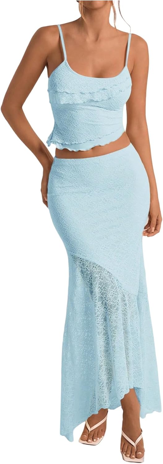 Milumia Women’s 2 Piece Outfits Ruffle Trim Cami Crop Top and Low Rise Maxi Skirt Set