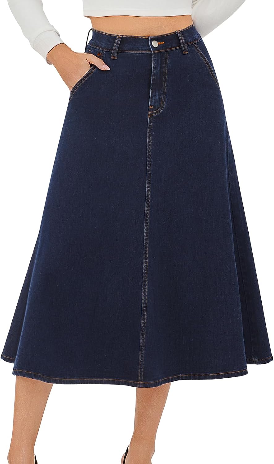 HUSKARY Women’s Stretchy High Wasited A Line Long Maxi Jean Skirt Below Knee Length Flared Midi Denim Skirts with Pockets