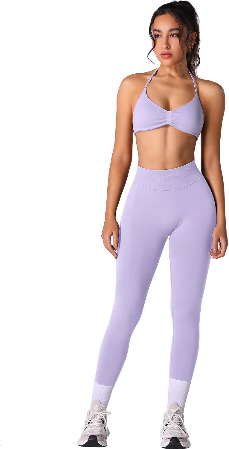 ABOCIW Workout Sets for Women 2 Piece Seamless Halter Sports Bra Scrunch Butt High Waist Leggings Gym Yoga Outfits