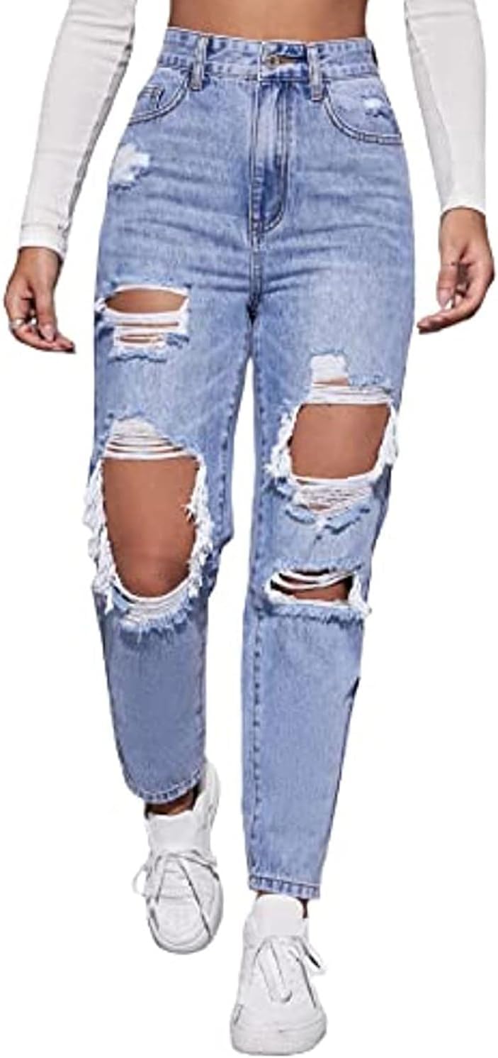 Women’s High Waist Straight Leg Ripped Jeans Distressed Denim Pants