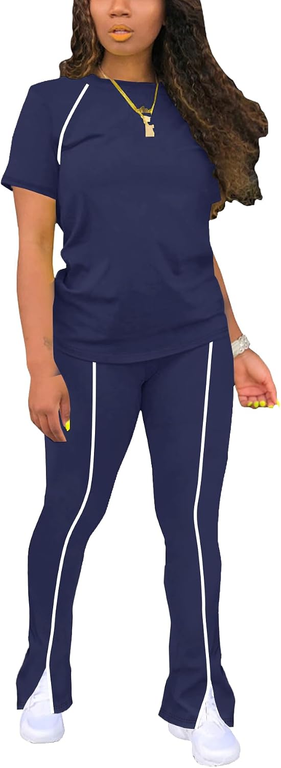STOLKISS Women 2 Piece Outfits Summer Workout Sweatsuit Striped Short Sleeve Long Flare Pants Casual Travel Tracksuit