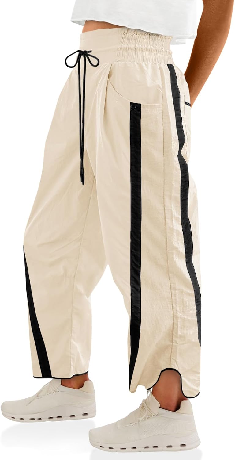 Fisoew Women’s Baggy Wide Leg Pants Casual Drawstring Elastic Waisted Contrast Color Workout Y2K Track Pants
