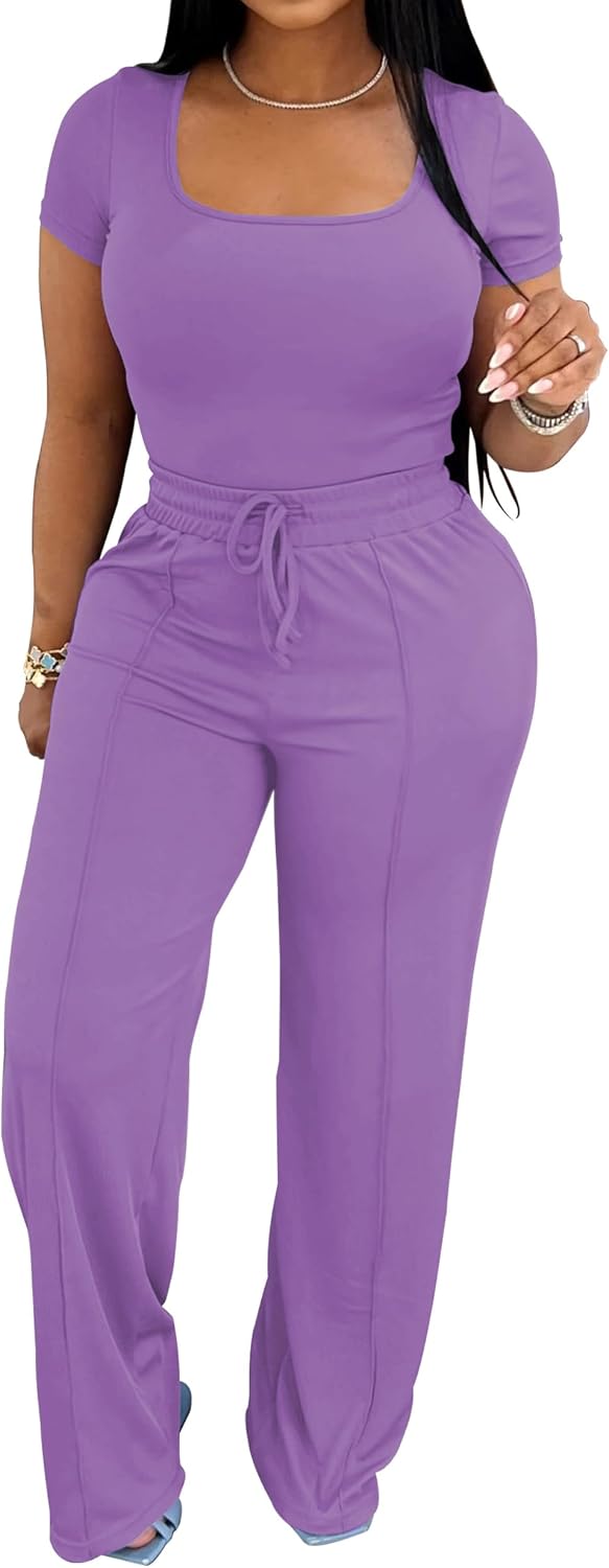 PINSV Women’s 2 Piece Outfits Lounge Short Sleeve Tops High Waisted Wide Leg Pants Tracksuit Sets