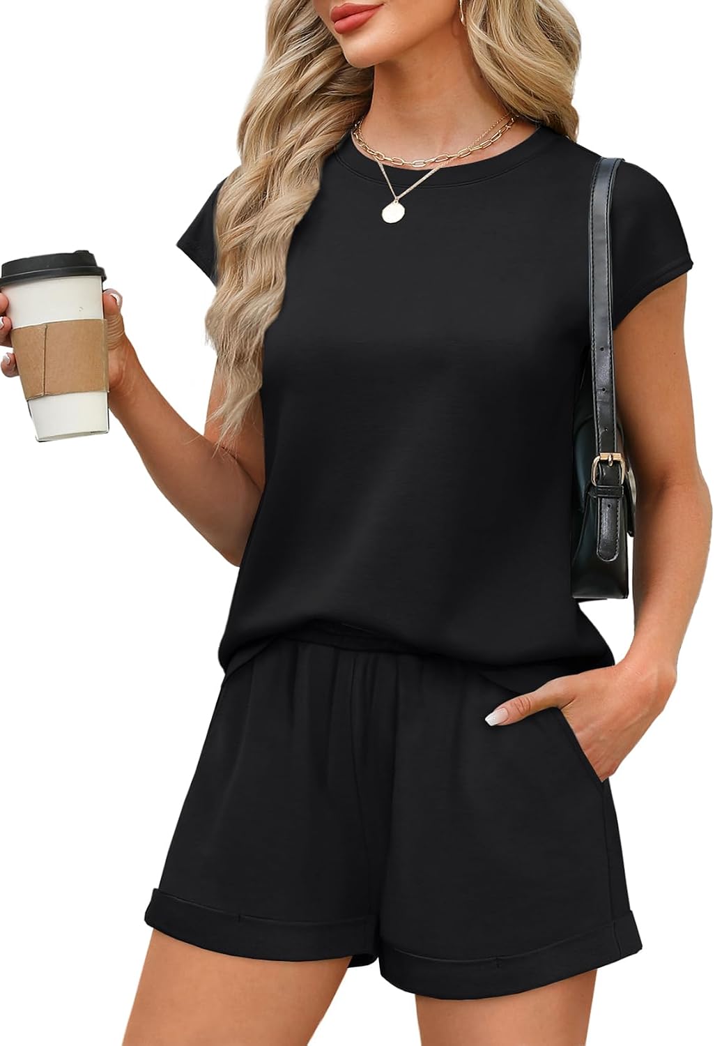 WIHOLL 2 Piece Sets for Women Casual Summer Travel Vacation Outfits Cap Sleeve Shorts Lounge Set