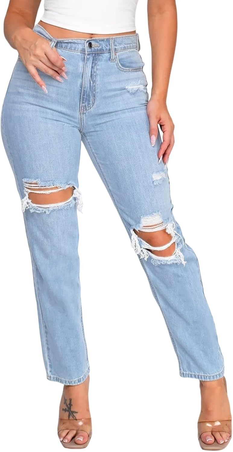 ZonJie Jeans for Women High Waist Wide Leg Distressed Raw Hem Destroyed Straight Leg Stretchy Denim Pants