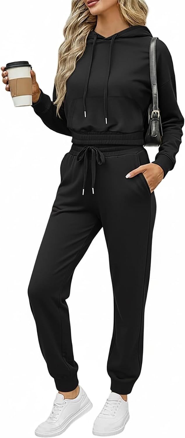 CHICME Womens 2 Piece Casual Tracksuit Set Hooded Crop Top Elastic Waistband Joggers Pants Set 2026 Spring