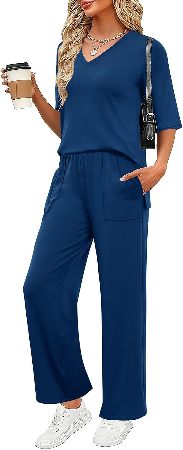 LOMON Women’s 2 Piece Lounge Pajama Sets Soft 3/4 Sleeve Tops and Wide Leg Pants Loose Casual Outfits with Pockets