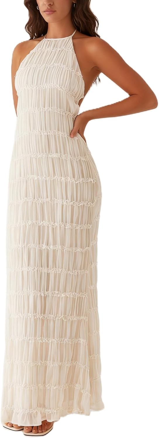 Yiulangde Women’s Backless Smocked Maxi Dress Sexy Spaghetti Strap Cut Out Flowy Beach Long Dress Vacation Casual Sundresses