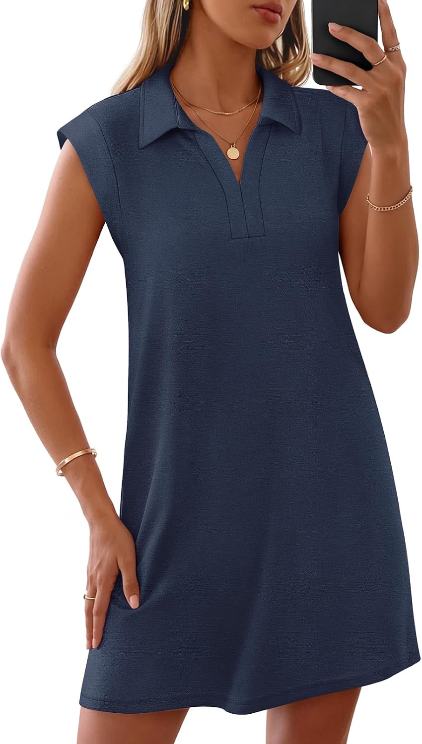 MEROKEETY Women’s 2026 Summer Short Sleeve Mini Dress Casual Collared V Neck Loose T Shirt Dresses