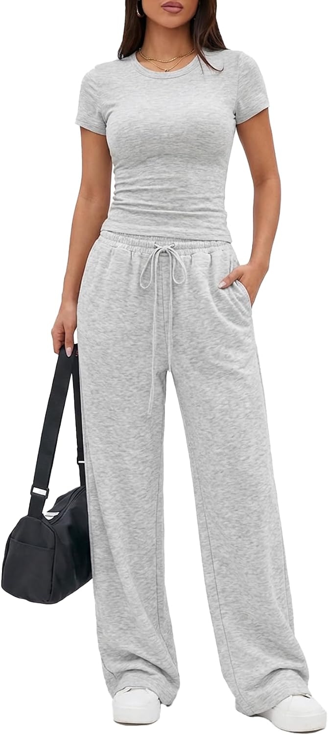 2 Piece Matching Lounge Set for Women Summer Outfit Sets Short Sleeve Crop Top Wide Leg Pants Sets