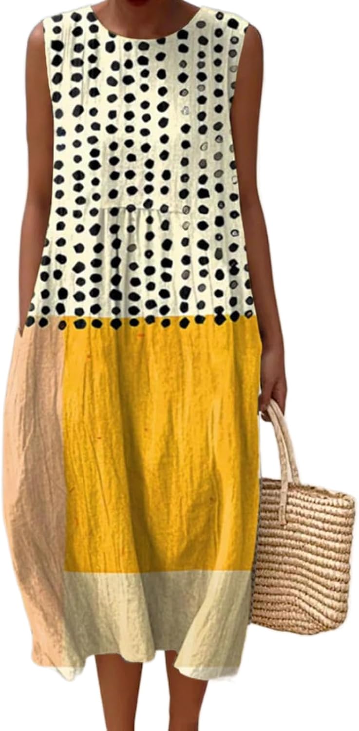 Women Summer Cute Boho Floral Smocked Sleeveless Maxi Dress Casual Beach Vacation Tank Dress with Pockets