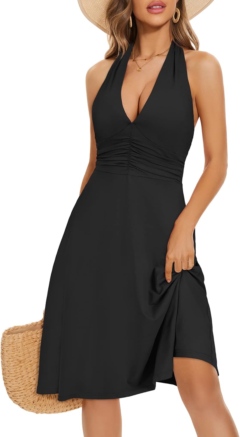 HUHOT Women’s Summer Sundress Sleeveless Halter Neck Spring 2026 Floral with Pocket Elastic Waist Ruffle Mini Dresses