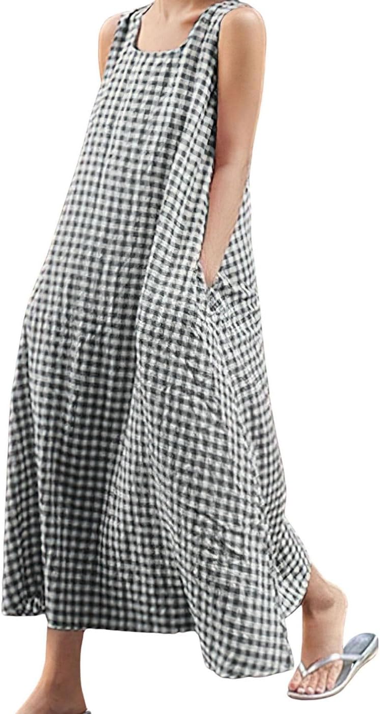 chouyatou Women’s Summer Casual Loose-Fit Cotton Plaid Tank Maxi Dress with Pockets Boho Beach Sundress