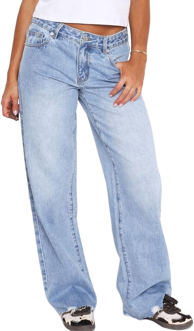 Women’s Baggy Mid Low Waist Jeans Wide Straight Leg Loose Boyfriends Denim Jeans
