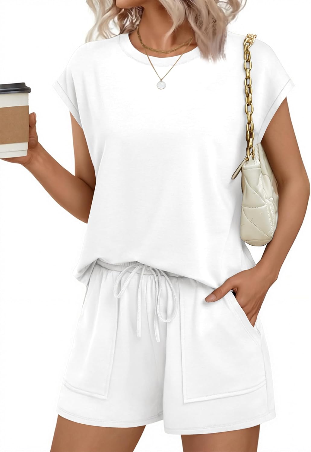 Ekouaer Two Piece Sets for Women Summer Crew Neck Lounge Short Sets Cap Sleeve Drawstring Vacation Outfits with Pocket