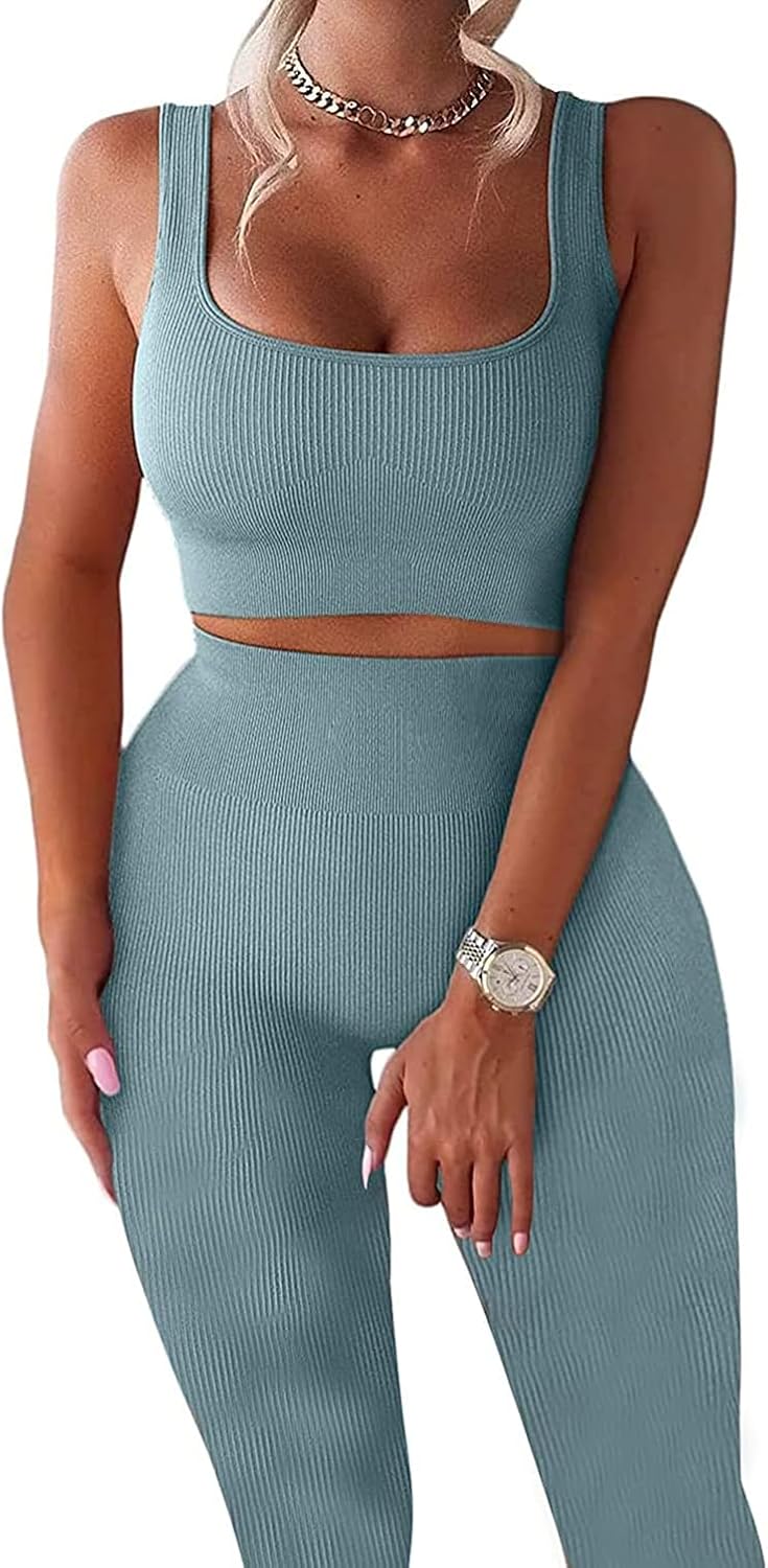 Workout Sets for Women 2 Piece Seamless Ribbed Crop Tank High Waist Shorts Yoga Outfits