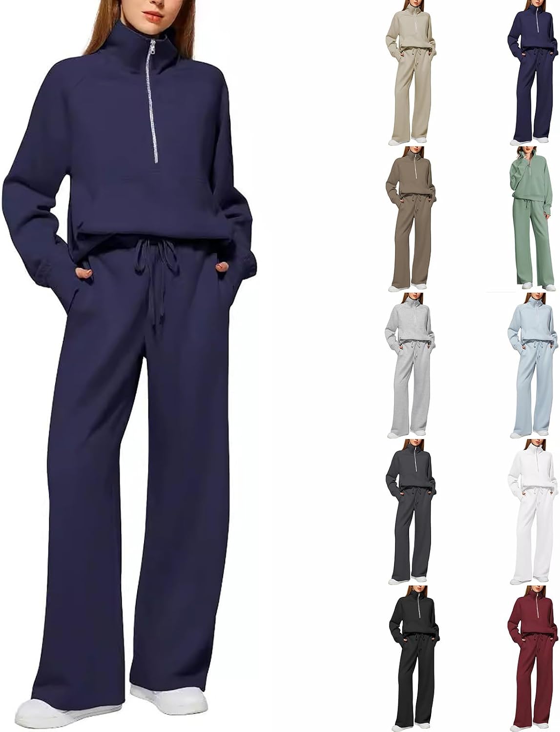 Sweatsuits Women 2 Piece Outfit Tracksuit Sets Casual Lapel Half Zip Sweatshirts Hoodies And Wide Leg Pants Lounge Set
