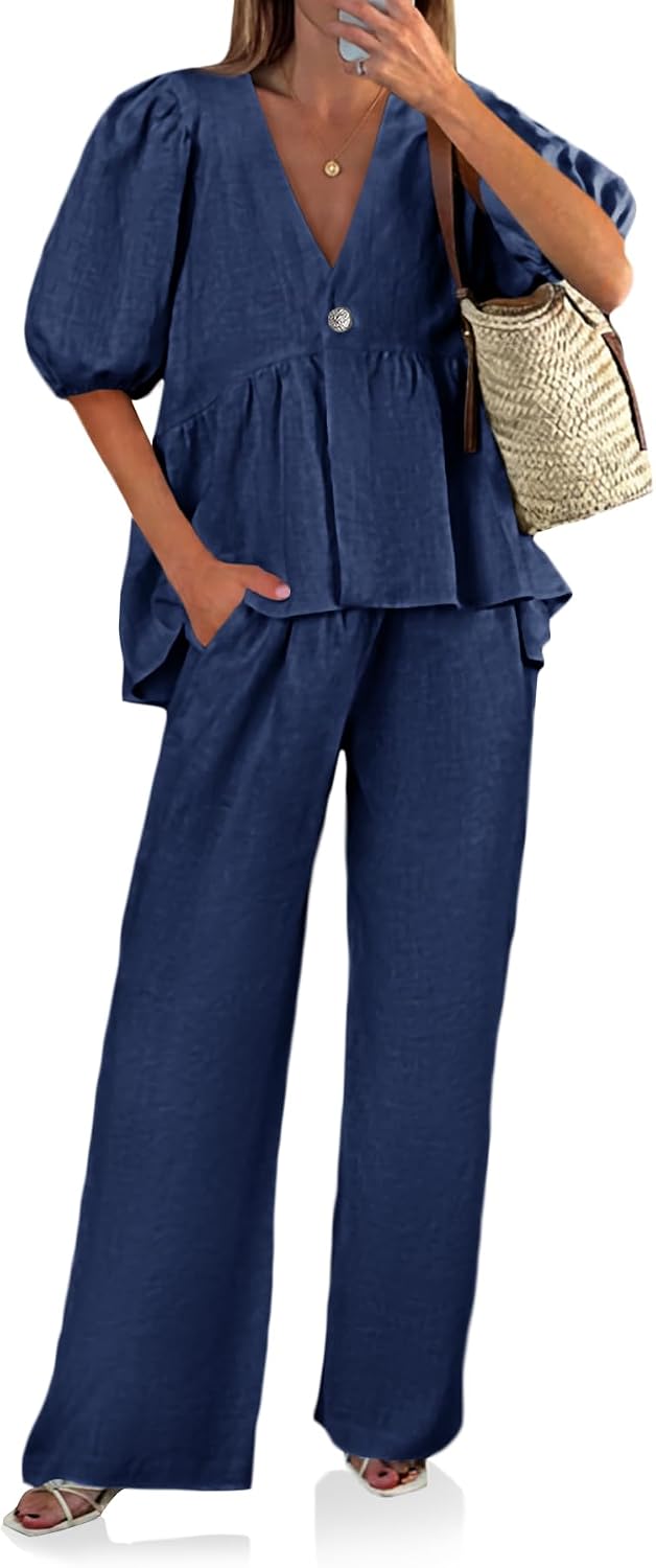 Tankaneo Womens 2 Piece Linen Sets Summer Vacation Outfits V Neck Puff Sleeve Babydoll Tops Wide Leg Pants Matching Sets