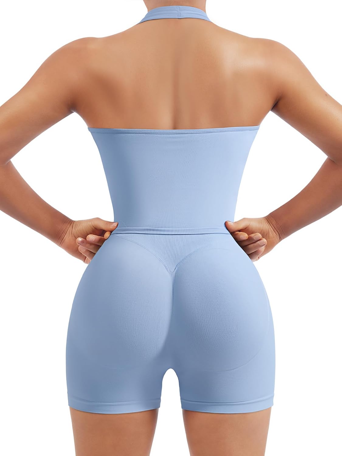 SUUKSESS Womens Seamless 2 Piece Workout Sets Padded Halter Tank Top Gym Sets Tummy Control Biker Shorts for Athletic