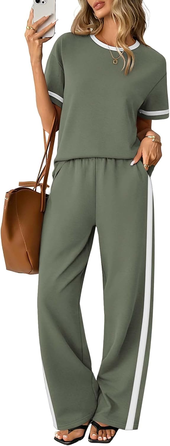Sampeel 2 Piece Sets for Women Matching Sets Summer Outfits Resort Wear Short Sleeve Lounge Set Wide Leg Pants with Pockets