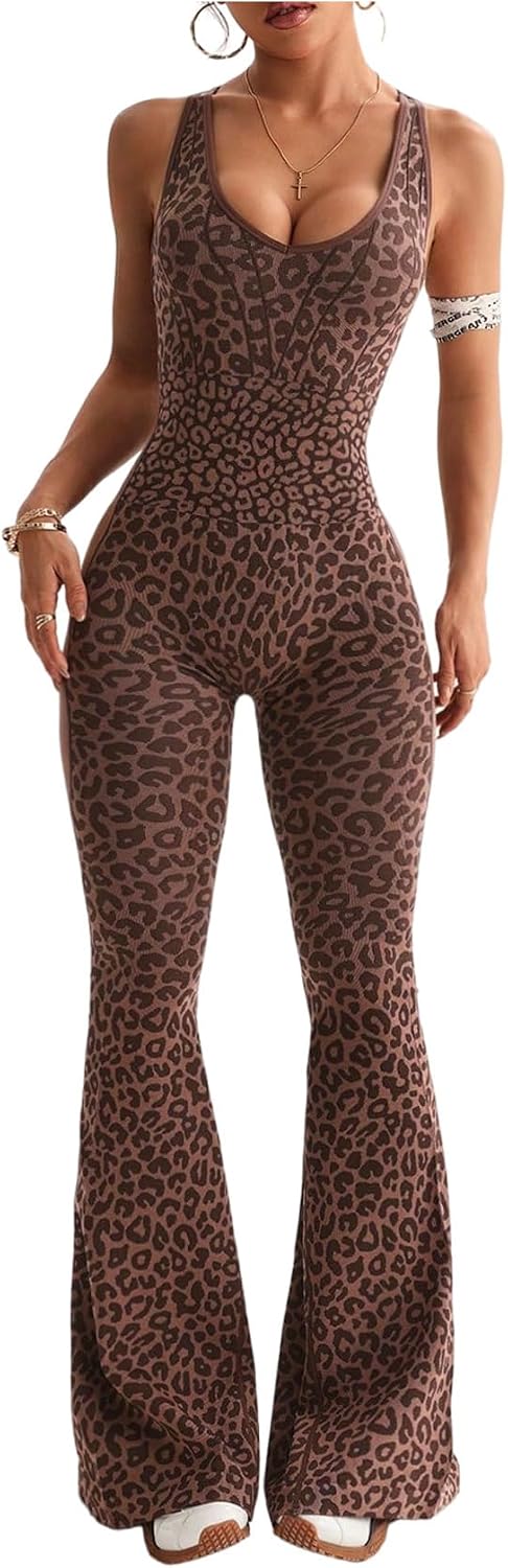 Verdusa Women’s Cheetah Print Workout Sets Yoga Jumpsuit Criss Cross Sleeveless Work Out Clothes Flared Pants Jumpsuits