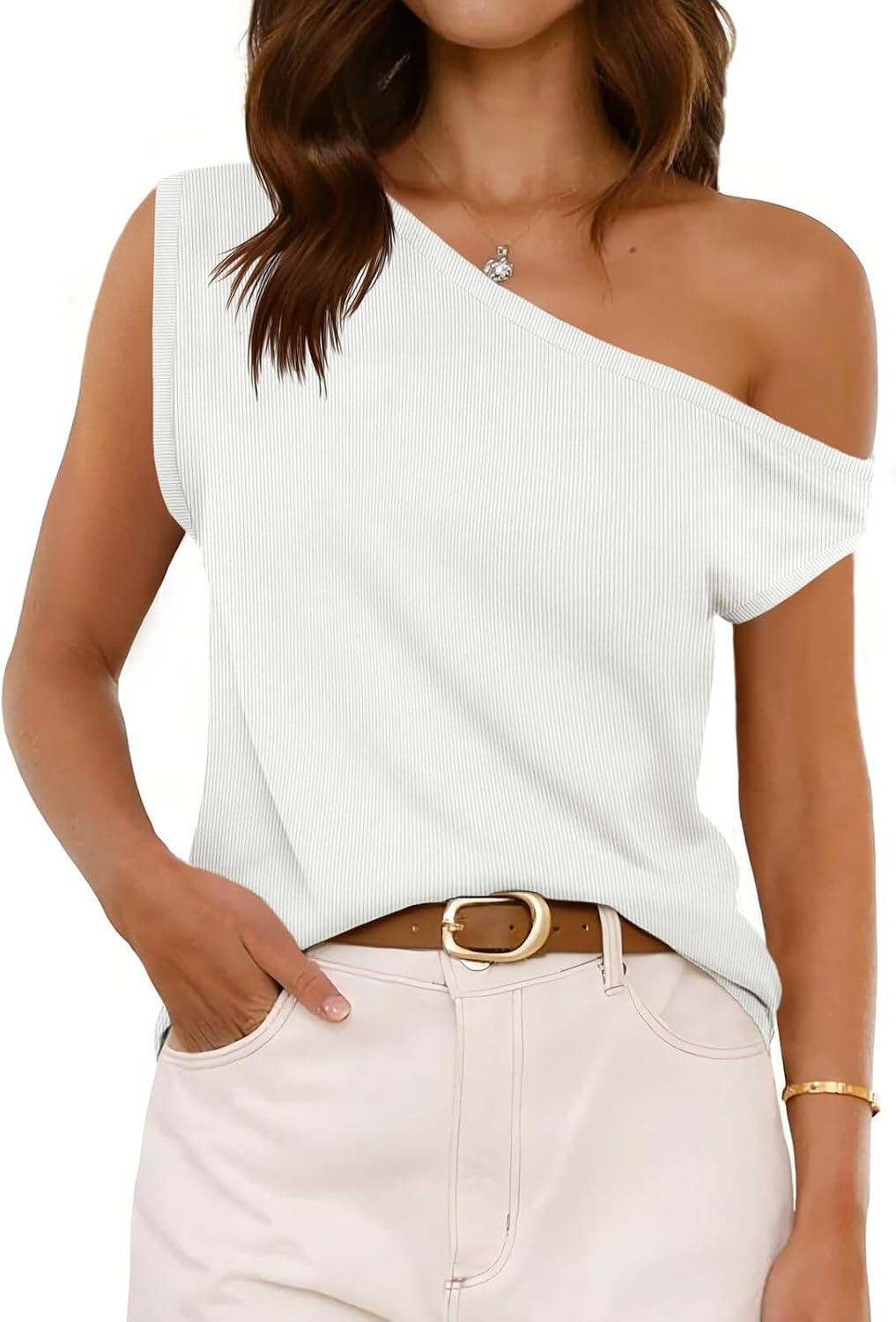 Cicy Bell Womens Off One Shoulder Tops Summer Ribbed Knit Tank Tops Trendy Casual Loose Fit Sleeveless Tee Shirts